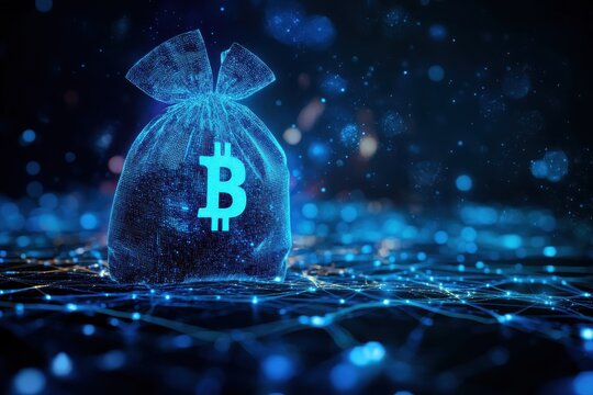 Money bag digital glow blue neon futuristic background cyber finance high-tech data stream