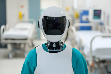 Humanoid robot in teal scrubs showcasing the latest in medical technology and artificial intelligence in hospital settings