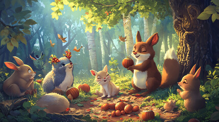 A whimsical cartoon of animals gathering chestnuts in a forest.