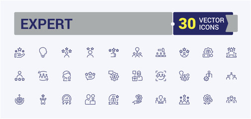 Expert line web icon set. Containing practice, people, success, mastery, specialist, service, consultant and more. Pixel perfect. Editable vector illustration.