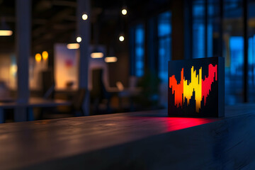 Modern office setting at night with futuristic led display showcasing dynamic, colorful graph, symbolizing innovation and data visualization