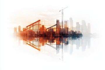 Obraz premium Urban skyline with industrial elements and reflections, bathed in warm sunset hues.