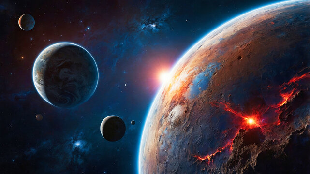 A dramatic and vivid space scene with detailed cracked surface planets and othe celestial bodies