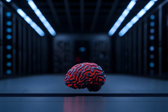 Glowing digital brain in futuristic server room, symbolizing advances in ai, machine learning, and deep learning technologies