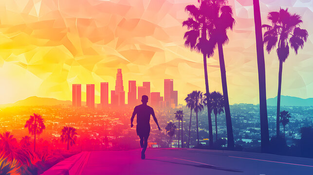 Runner silhouetted against a vibrant sunset skyline of Los Angeles. Palm trees frame the scene, while the city&rsquo;s skyscrapers, including recognizable landmarks. Olympic Games Concept.