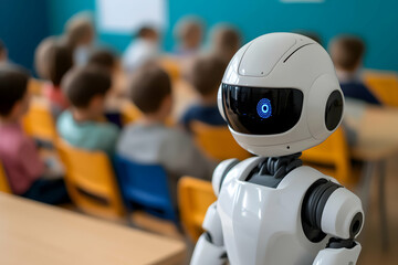 White humanoid robot standing in a classroom, teaching elementary school students about futuristic tech advancements, showcasing the integration of robotics in education