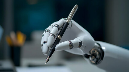 Robotic hand gracefully grasping a fountain pen symbolizing the integration of ai with creativity and professional duties in a futuristic, tech savvy world