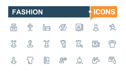 Fashion vector line icon set. Includes icons for woman, out, clothing, bra, accessories, lingerie and more. Minimalist thin linear icon. Editable vector illustration.