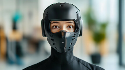 Young woman embracing futuristic virtual reality technology, exploring metaverse in a modern office space, and immersing herself in the innovative digital world