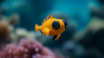 Graceful small robotic fish in vibrant coral reefs, showcasing advanced technology and futuristic exploration in marine biology