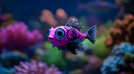 Advanced robotic fish with striking blue eyes and a metallic pink and black body gliding through a vibrant coral reef, showcasing cutting edge underwater technology