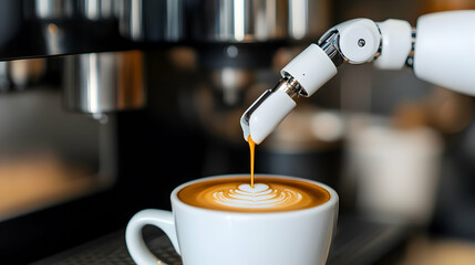 Advanced technology and automation in culinary experiences showcased through robotic arm creating latte art in a coffee cup