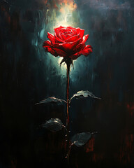 A Single Red Rose Illuminated in the Dark: A Dramatic Oil Painting
