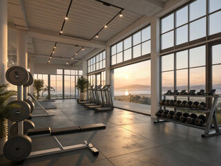 Modern Gym with Panoramic Ocean Views at Sunset