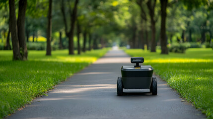 Autonomous delivery robot navigating through a bustling green park, showcasing the latest advancements in urban logistics and automation to improve transportation efficiency