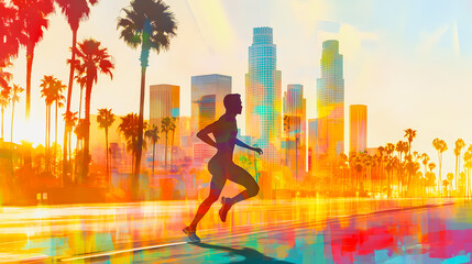 Runner on a scenic beach road at sunset with vibrant colors, Los Angeles city skyline abd palm trees in the background. Showcasing Fitness, tropical vibes and active lifestyle in California Coastal.