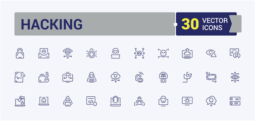 Hacking icon set. It contains symbols to threat, attack, protect, hack, shield, crime, spyware, hacker. Simple web icons. Editable vector stroke.