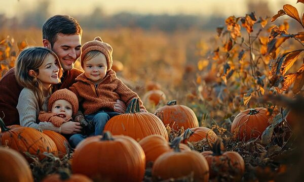 Happy family enjoying autumn in a pumpkin patch with children