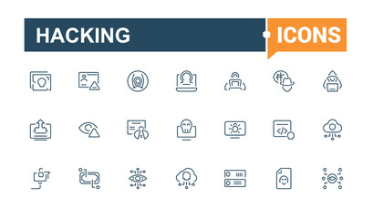 Hacking line icons set. Containing spam, cyberspace, hacker, criminal, security, virus, hack, threat. Minimalist thin linear icon. Vector icons editable stroke.