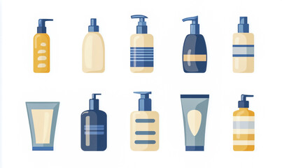 A collection of vector illustrations on a white background, showing different shapes and designs of shampoo bottles with modern, classic and unique styles.