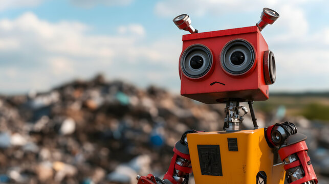 Emotional futuristic robot contemplates environmental pollution while facing a large garbage mound, emphasizing the urgency of sustainable waste management