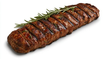 A beautifully roasted pork tenderloin, garnished with rosemary, set against a crisp, white background.