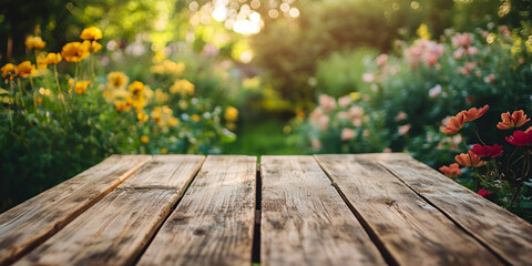 Rustic Wooden Table with Green Garden Background
