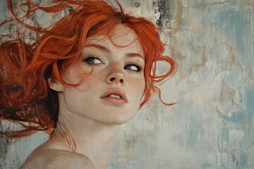 A woman with red hair and a red nose is painted on a wall