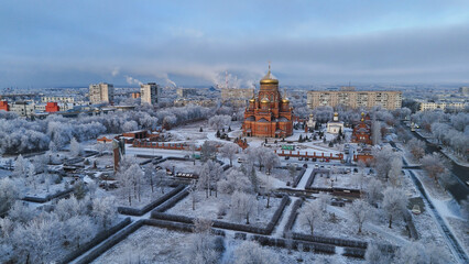 Church of the Kazan Icon of the Mother of God in Orenburg on a frosty winter day