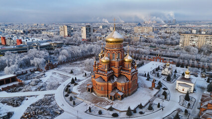 Church of the Kazan Icon of the Mother of God in Orenburg on a frosty winter day