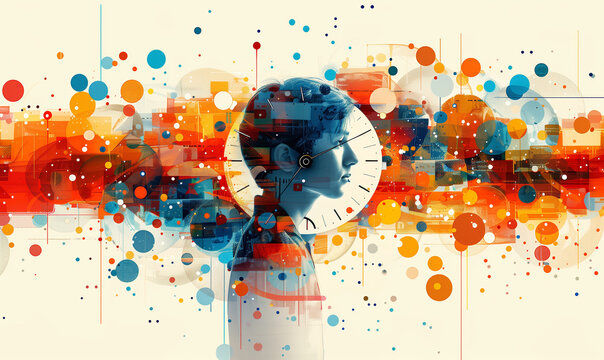 Clock on an abstract background, emphasizing the passage of time and retro design.