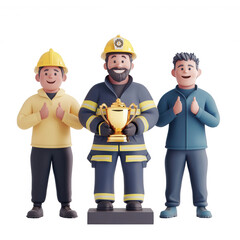 Three cheerful characters celebrate a firefighter's achievement with a trophy., isolated on a transparent background.
