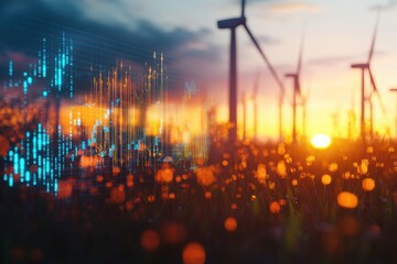 Renewable energy landscape wind turbines at sunset digital financial graph overlay