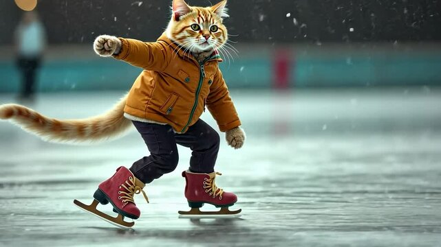 Cat gracefully skates on ice while wearing a stylish jacket and boots during a winter day
