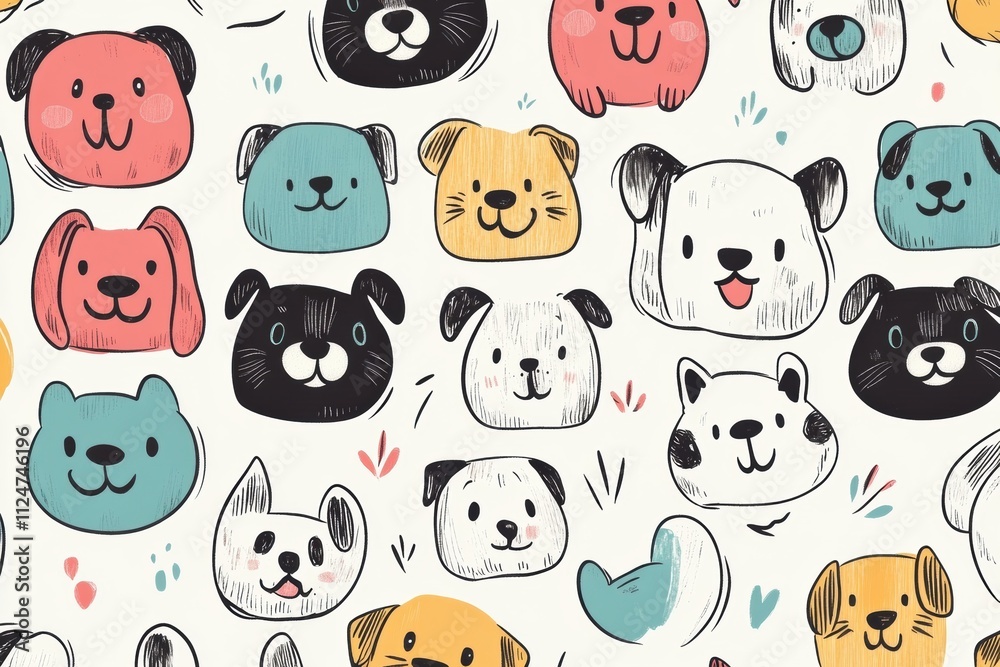 Aufkleber colorful doodle-style pattern displays an assortment of dog faces, providing notable space for addin