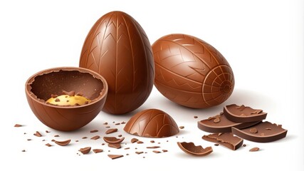 Fototapeta premium Realistic Chocolate Eggs Showcasing Explosive Design and Standard Shapes in Stunning Detail. Generative AI