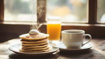 Delicious Breakfast with Pancakes, Coffee, and Juice
