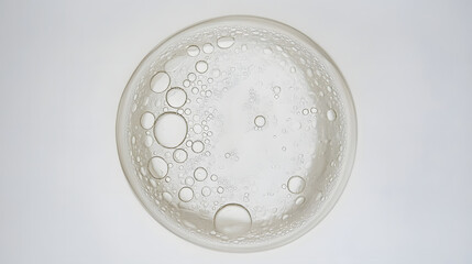 Delicate Orbs in Circular Liquid with Bubbles, Top View on White Background, Minimalist Studio Product Photography.