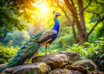 A Stunning Candid Shot of a Majestic Peacock Displaying Its Iridescent Plumage While Perched on Rocks in a Natural Habitat Setting, Capturing the Beauty of Wildlife Photography