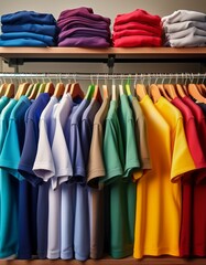 Generated image A vibrant display of various t-shirts hanging on a rack, showcasing different colors