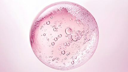 Delicate Orbs in Circular Liquid with Bubbles, Top View on White Background, Minimalist Studio Product Photography.