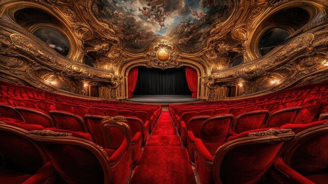 A view of the empty red velvet seats of a theater in Paris, France. The ornate gold details and painted ceiling suggest a grand, historic venue.