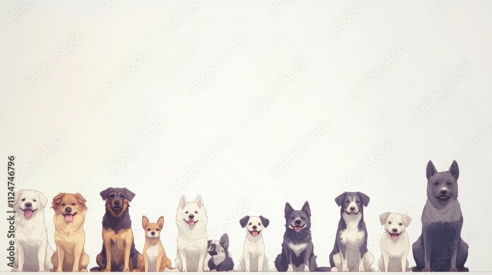 Poster various dogs of different breeds and sizes sit together in a spacious environment, showcasing their 