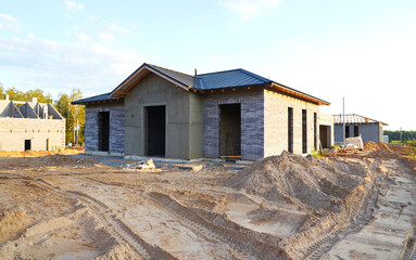 Suburban house Construction. Villa construction. New house construction. Home building. Family Home...