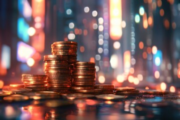 Stacks of coins financial chart background blue and red candlestick graph night setting digital finance theme economic growth wealth and investment stock market visualization