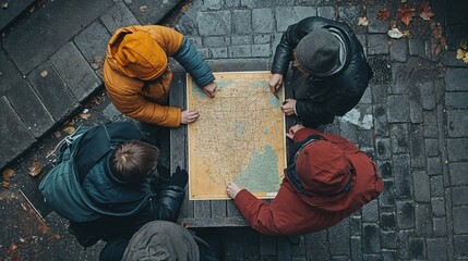 Aerial view of four people studying vintage map together on dark cobblestone ground. Friends in colorful winter jackets planning route during autumn outdoor adventure