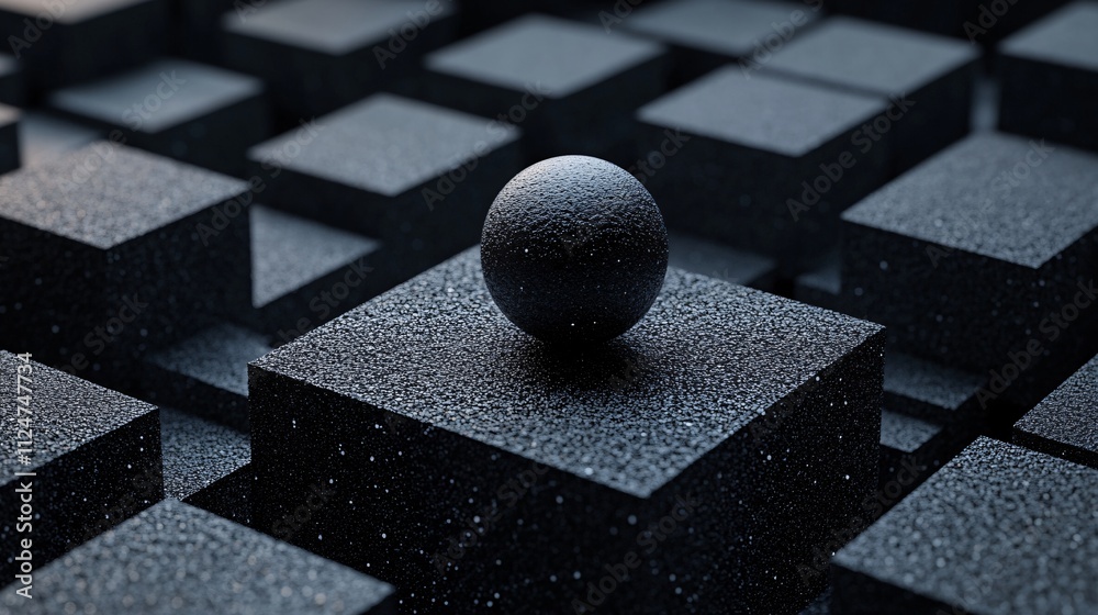 Poster Black sphere standing on cube in abstract geometric background