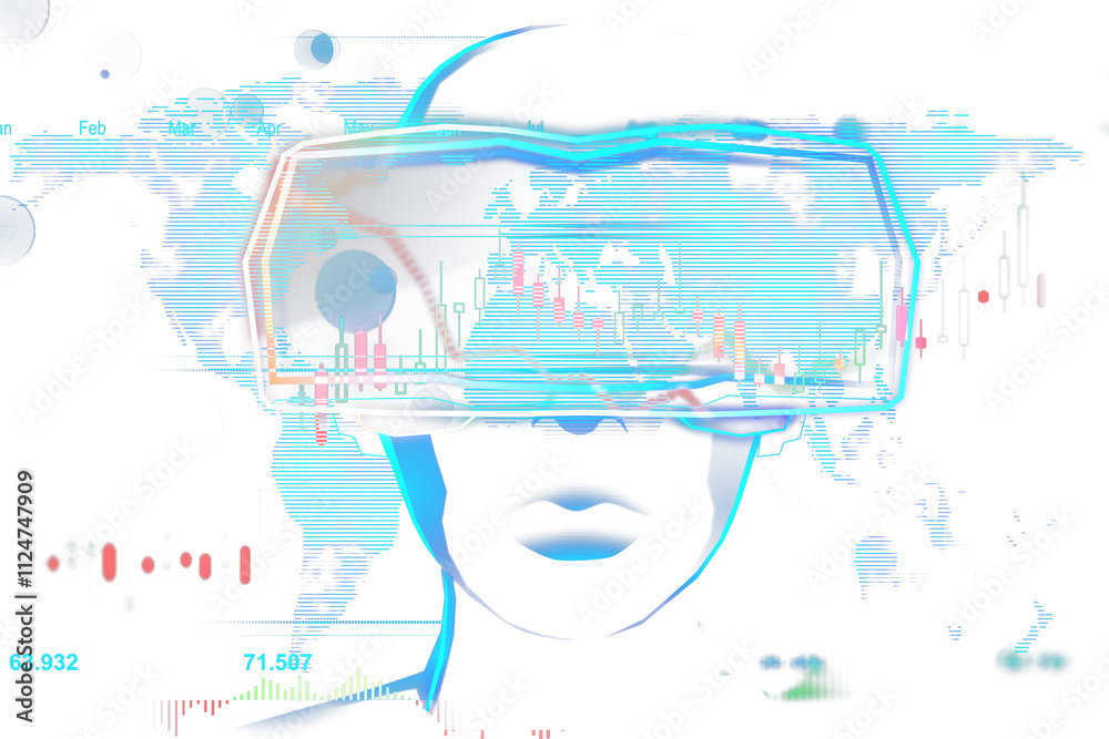 Poster abstract face wearing a neon vr headset with holographic graphics, data charts, and a striped global