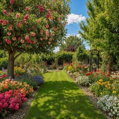 Obraz premium The image of the beautiful garden filled with flowers, and fruit trees!