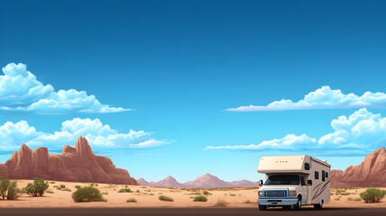 A motorhome driving down a scenic highway, surrounded by desert landscapes and rocky formations. Motorhome on scenic highway.